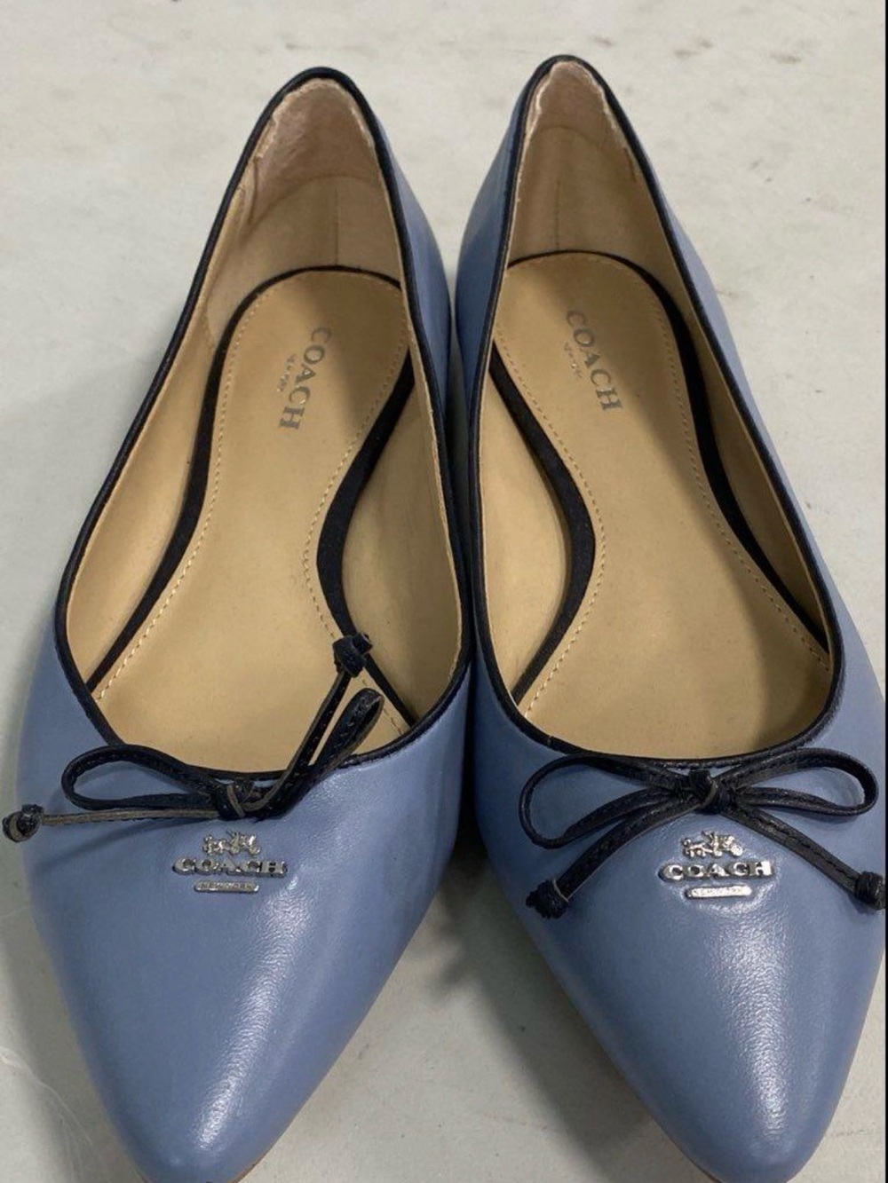 Coach Women's Light Blue Pointed-Toe Ballet Flats with Navy Trim Size 7